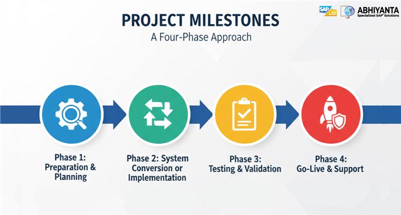 An infographic titled 'Project Milestones: A Four-Phase Approach' showing a clear, sequential process. The four phases are: Phase 1: Preparation & Planning, represented by a gear and magnifying glass icon; Phase 2: System Conversion or Implementation, with a conversion arrows icon; Phase 3: Testing & Validation, shown with a checklist icon; and Phase 4: Go-Live & Support, symbolized by a launching rocket icon.