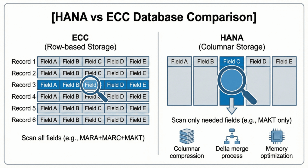 diagram of HANA vs ECC Database Comparison