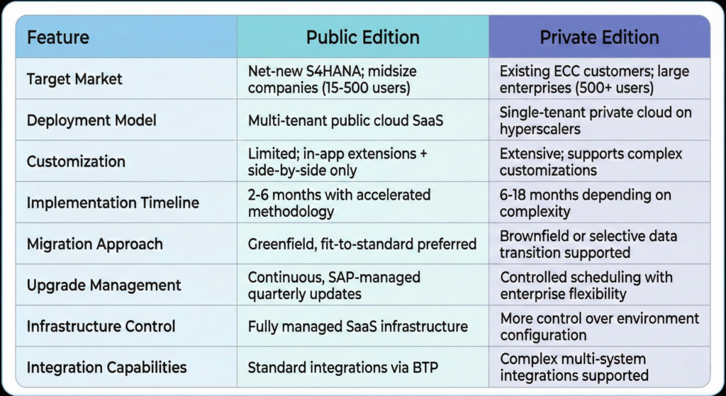 comparison table for SAP s4hana public and private cloud